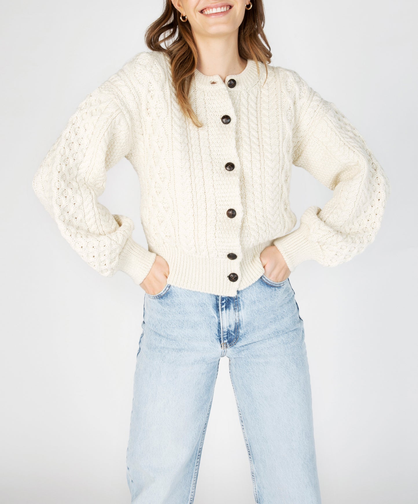 Irelands Eye Clover Cropped Aran Cardigan