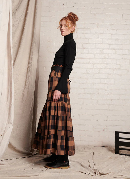 Brigid McLaughlin Tiered Maxi Skirt Bronze Plaid